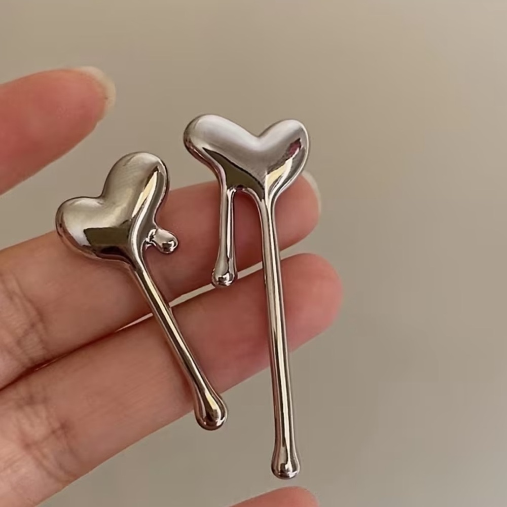 Silver Heart Drop Stud Earrings - Minimalist Metallic